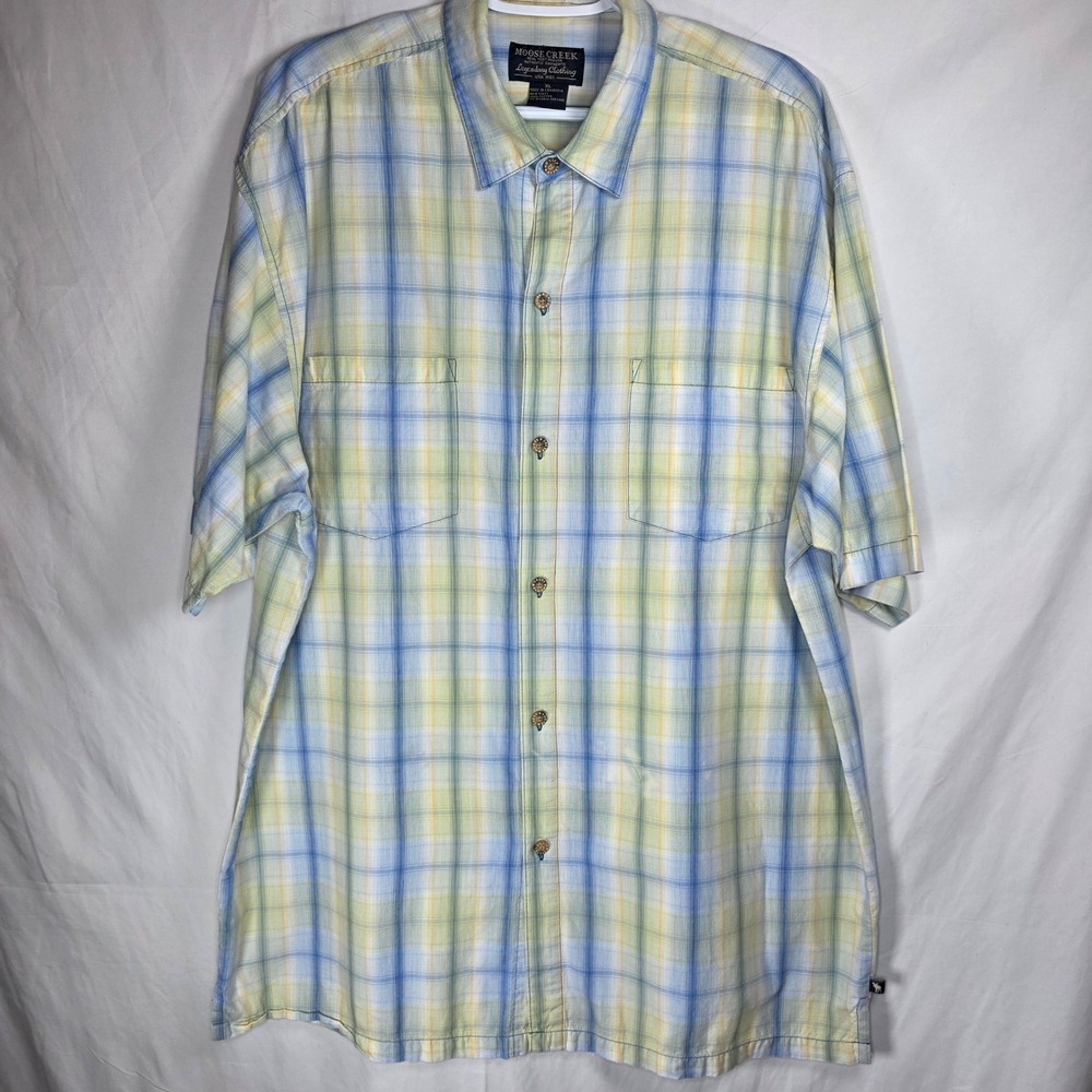 Moose Creek Plaid Short Sleeve Button Down Mens XL Blue Yellow RN 53623